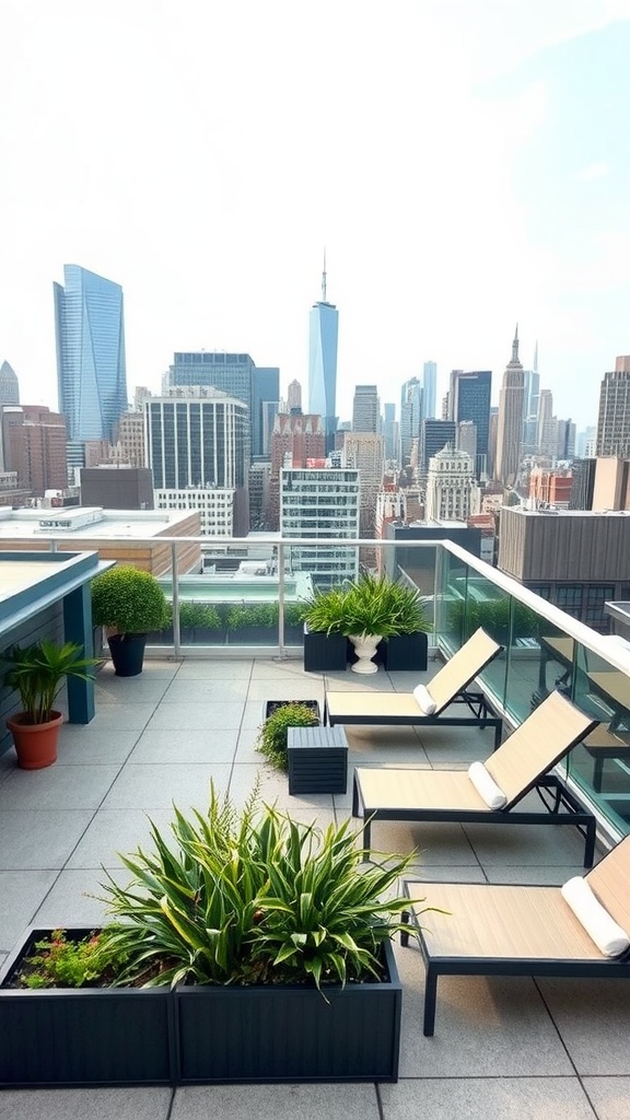 21 Unique Deck Layout Ideas You’ll Love 4 Rooftop deck with lounge chairs and city skyline view