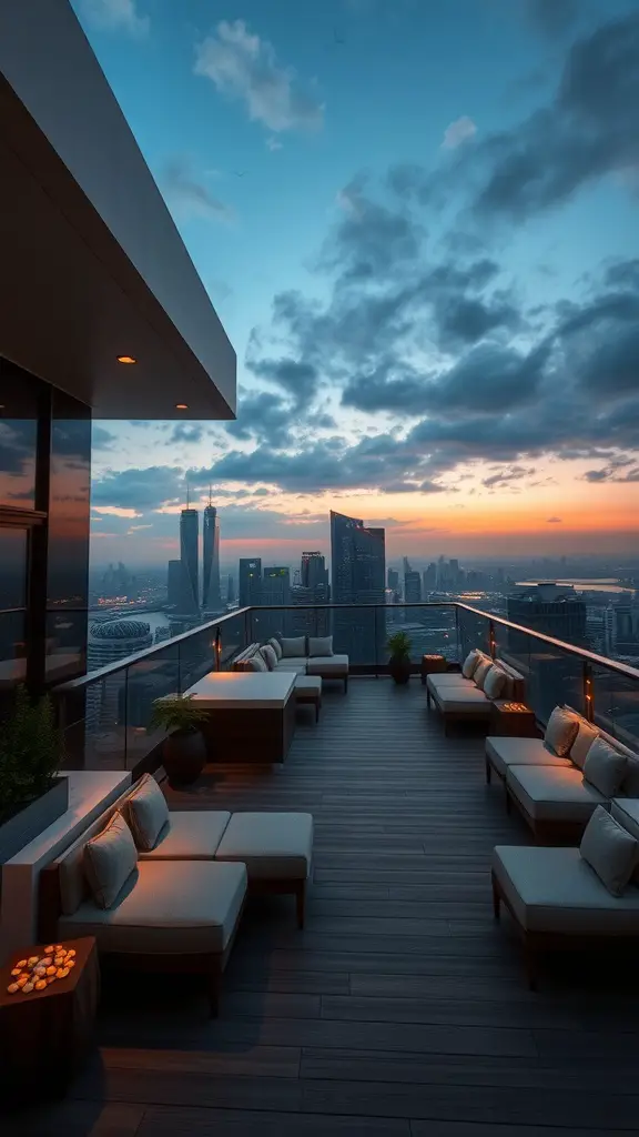 17 Inspiring Multi-Level Deck Ideas for Your Outdoor Space 6 A modern rooftop lounge with comfortable seating and a city skyline view during sunset.