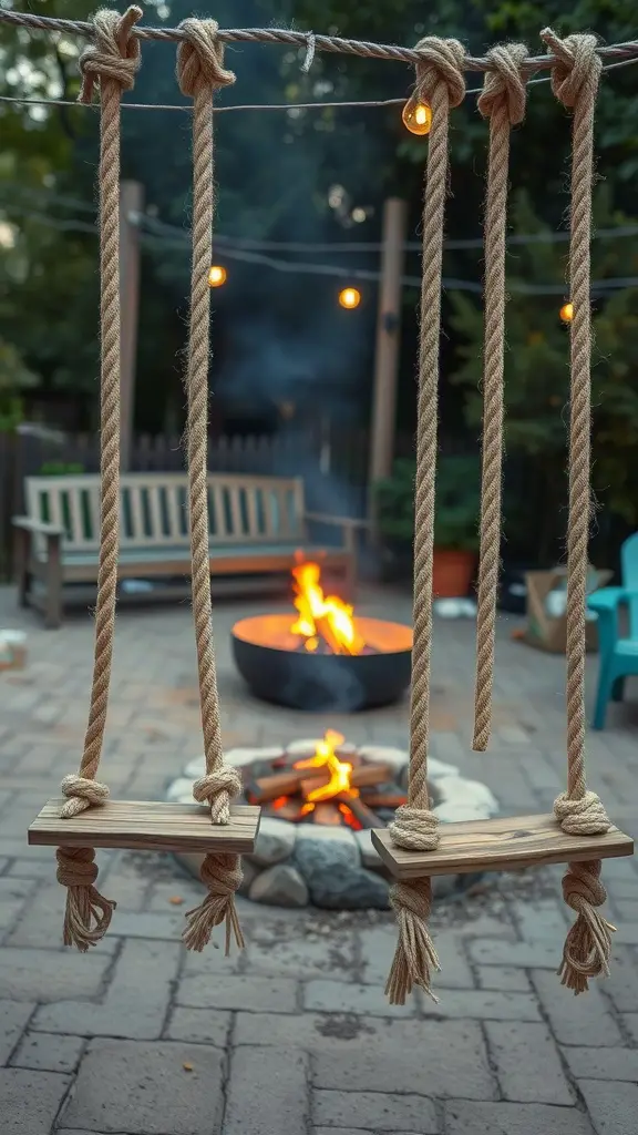 Two wooden rope swings hanging above a fire pit area with a warm fire burning in the background.