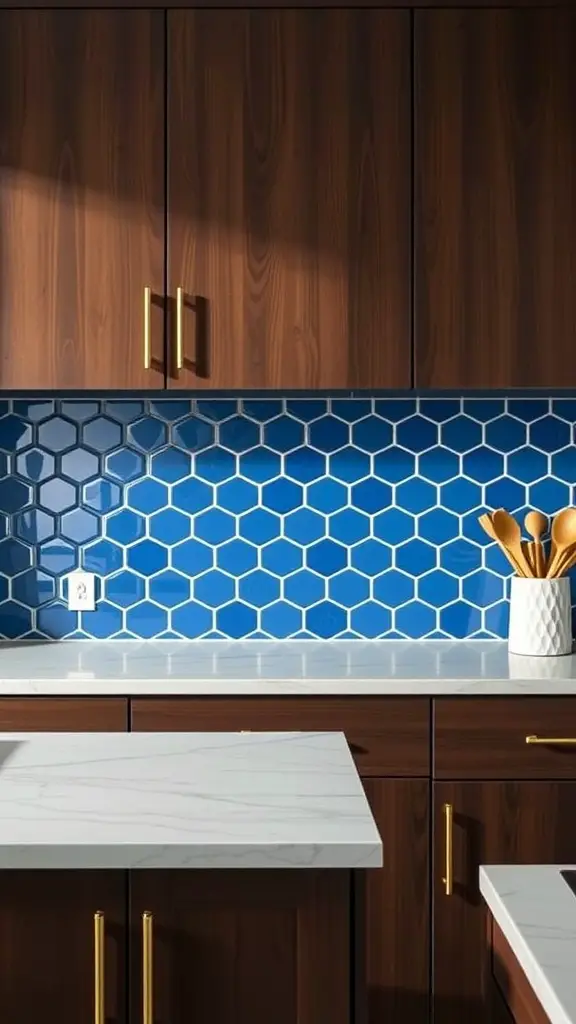 A kitchen featuring royal blue hexagon tiles as a backsplash with dark cabinets and marble countertops