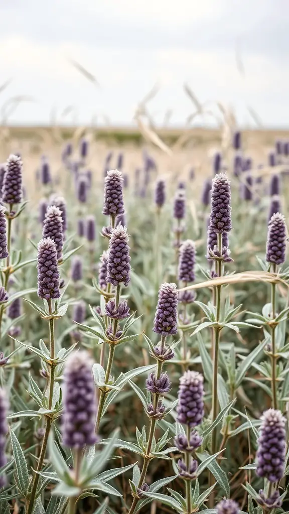 A field of Russian Sage with purple flower spikes and silvery foliage