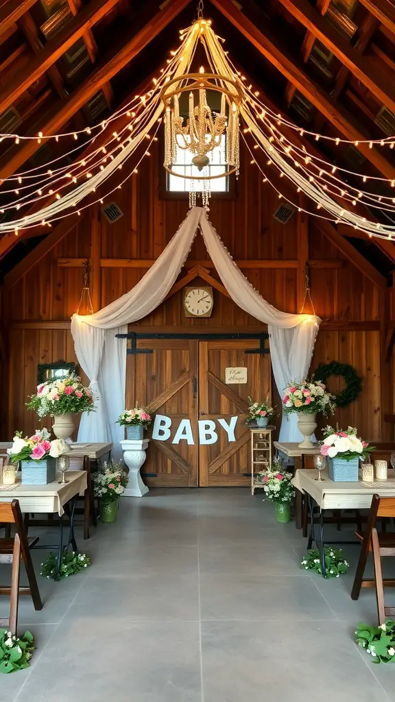 21 Creative Summer Baby Shower Ideas to Celebrate the Arrival of Baby 15 Interior of a rustic barn decorated for a baby shower with flowers, lights, and a sign that says 'BABY'.