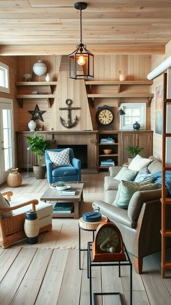 Interior of a rustic beach house living room with wooden walls, nautical decor, and comfortable seating.
