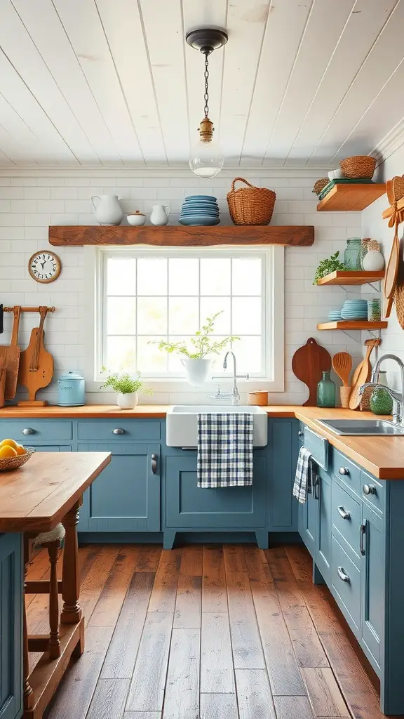 A rustic blue and white kitchen with wooden accents and a farmhouse sink.