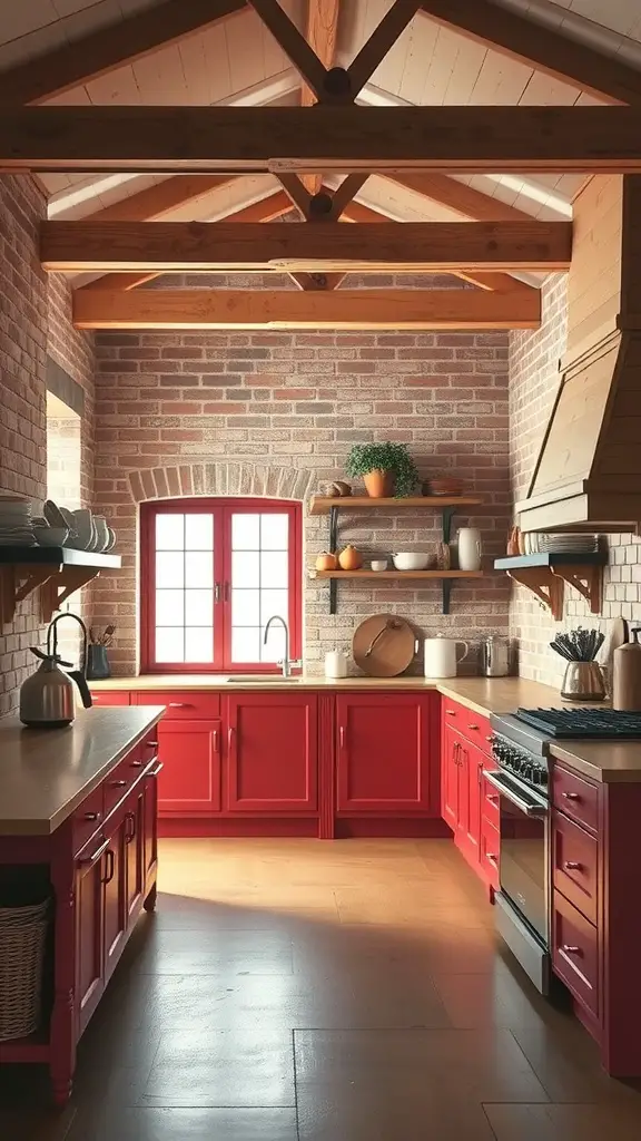 A bright kitchen with brick red cabinets and wooden beams.