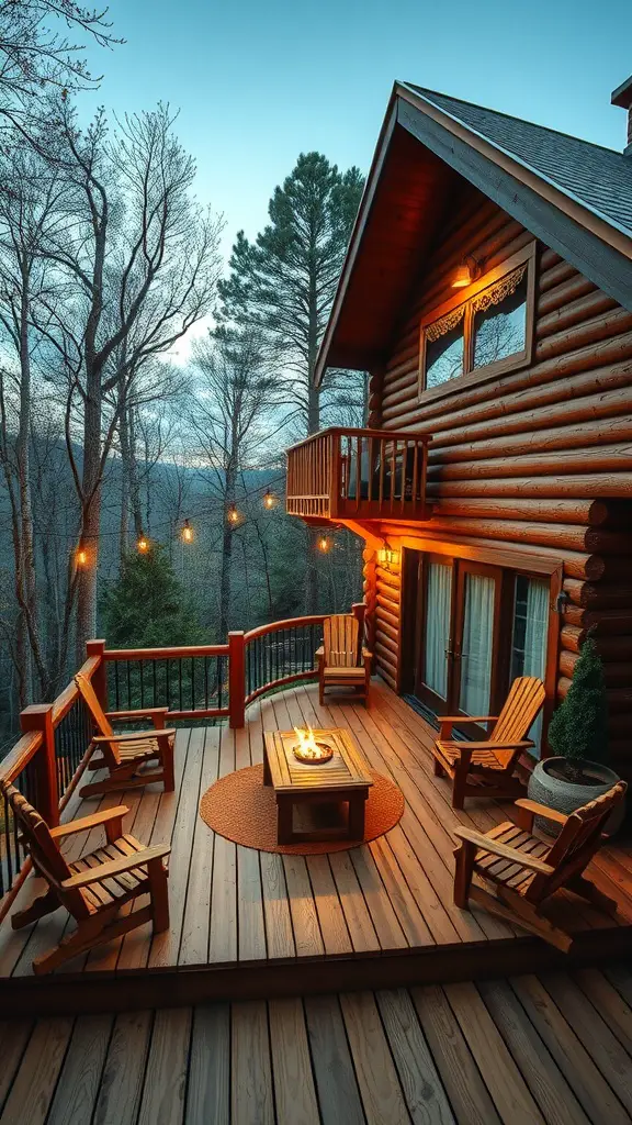 19 Stunning Two-Level Deck Ideas for Your Home 15 A rustic cabin-style deck with wooden chairs, a fire pit, and trees in the background.