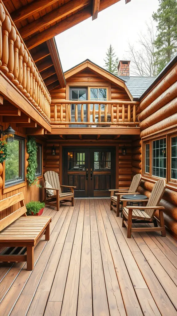 17 Inspiring Multi-Level Deck Ideas for Your Outdoor Space 13 A rustic wooden deck with seating, surrounded by a log cabin.