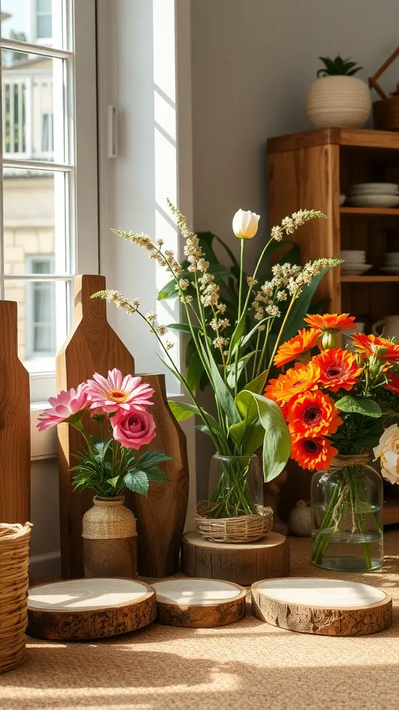 A cozy room decorated with wooden accents and vibrant flowers for Mother's Day decoration.