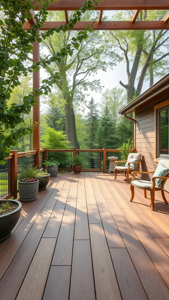 15 Stunning Composite Deck Ideas for Your Outdoor Space 12 A rustic composite deck featuring wooden flooring, green plants, and comfortable seating, surrounded by trees.