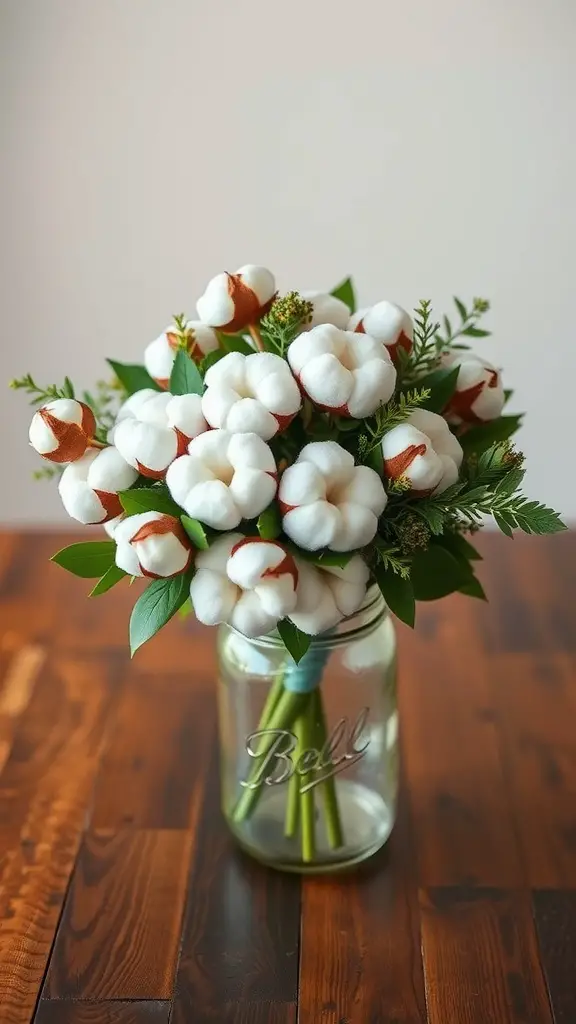 21 Stunning Spring Wedding Bouquet Ideas You’ll Love 7 A rustic wedding bouquet featuring cotton blooms and greenery in a glass jar