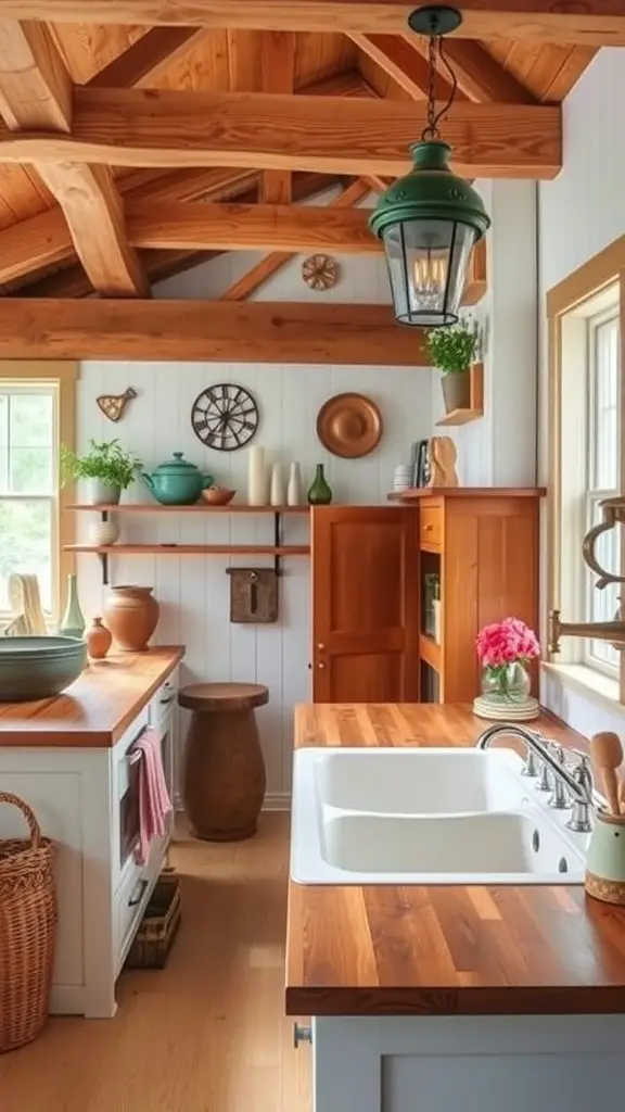 A cozy rustic farmhouse kitchen with wooden beams, natural materials, and open shelving