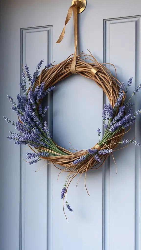 35 Stunning Summer Wreath Ideas for Your Front Door 9 A rustic farmhouse wreath made of twigs and lavender flowers hanging on a light blue door.