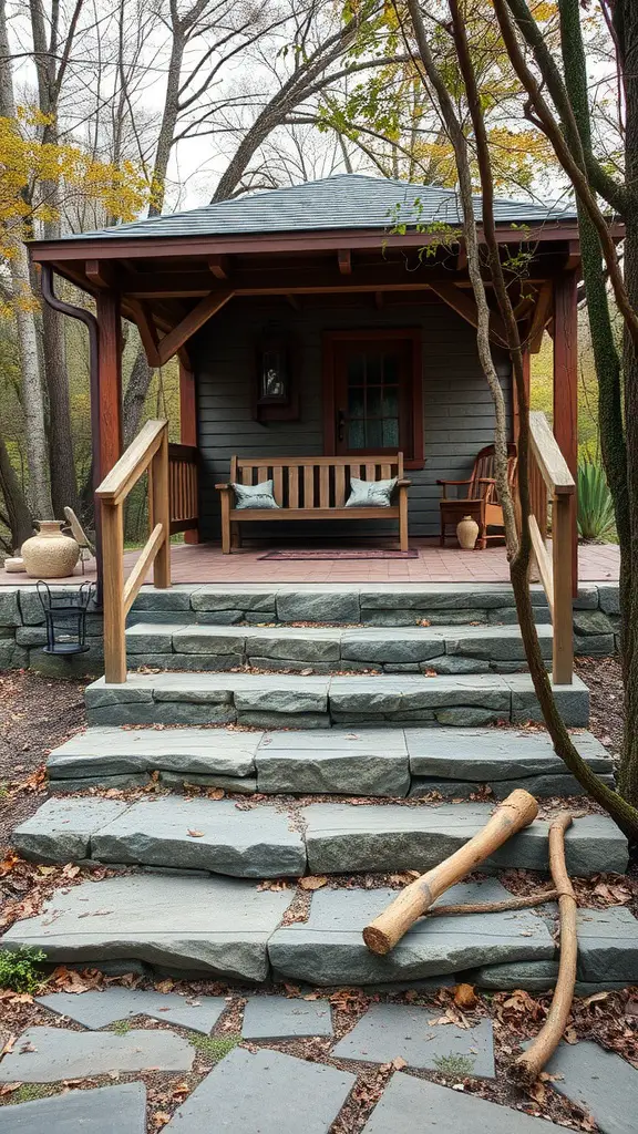 Rustic flagstone steps leading to a cozy cabin with wooden railings and surrounded by trees.