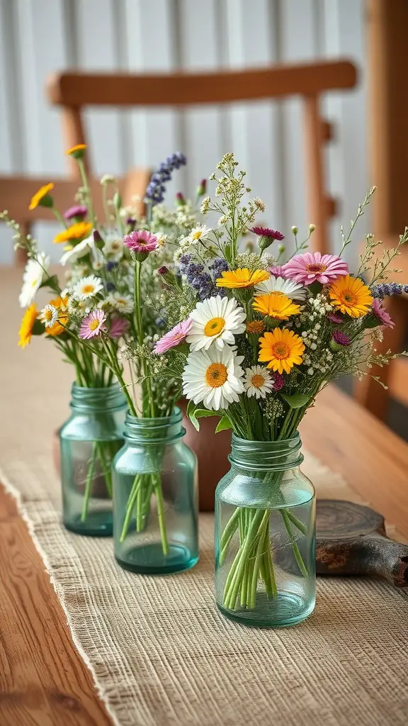 Three glass jars filled with colorful wildflowers on a wooden table with a linen runner