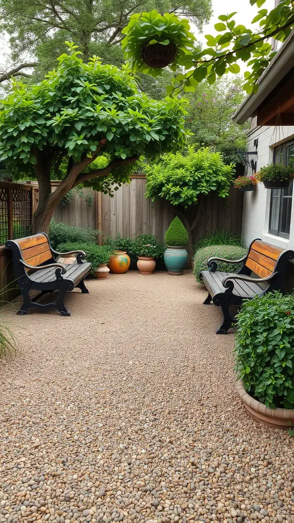 15 Creative Pea Gravel Patio Ideas for Your Outdoor Space 5 Cozy rustic garden retreat with a pea gravel patio, wooden benches, and lush greenery.
