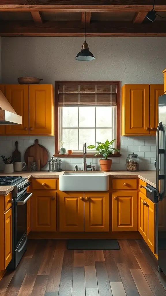 A rustic kitchen featuring deep mustard yellow cabinets, a farmhouse sink, and wooden accents.