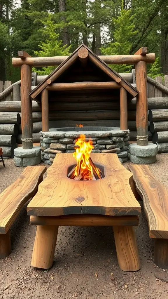 Rustic log bench surround with a fire pit in a natural setting