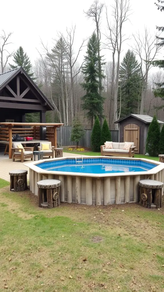 Rustic log seating arranged around an above-ground pool in a backyard setting.