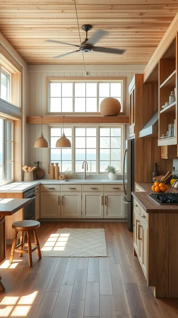 A beach house kitchen featuring a blend of rustic wood elements and modern design.