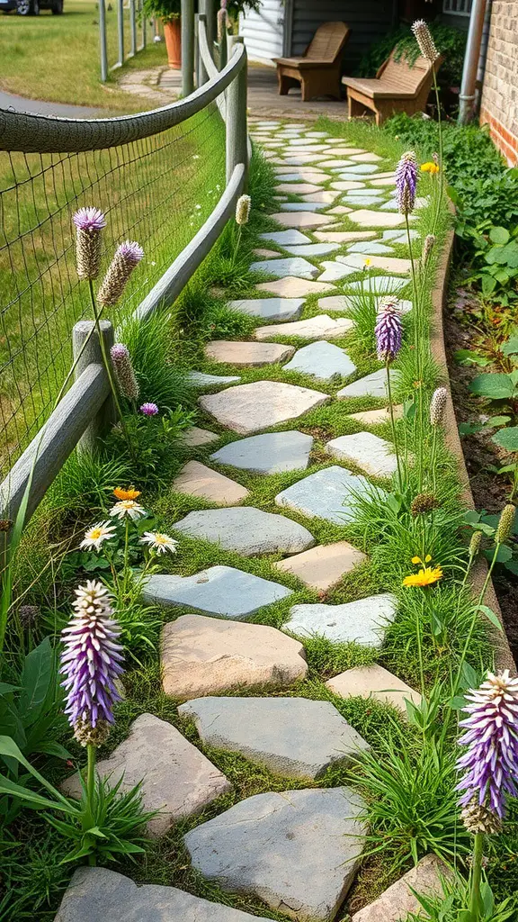 27 Stunning Stone Pathway Ideas for Your Garden Walkways 7 A rustic stone pathway lined with flowers and grass, leading through a garden