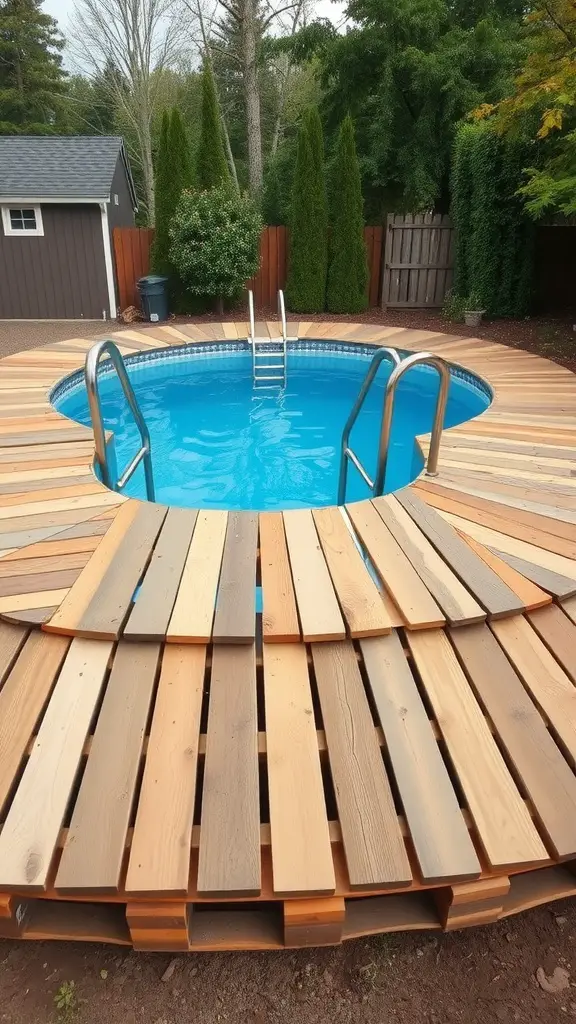 A circular above-ground pool deck made from rustic wooden pallets, featuring various wood tones and a pool ladder.