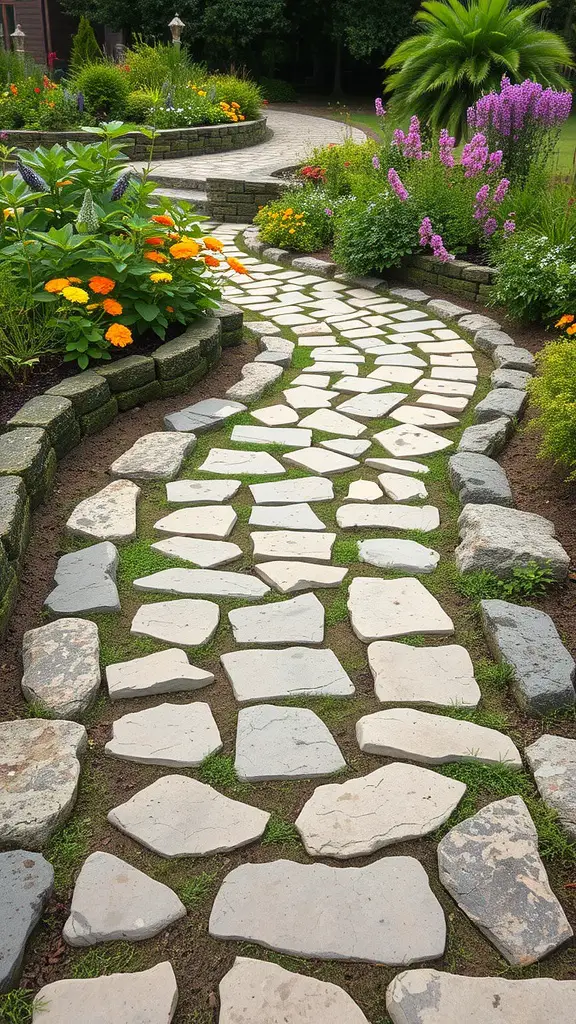 A winding rustic pathway made of natural stones surrounded by colorful flowers and greenery.