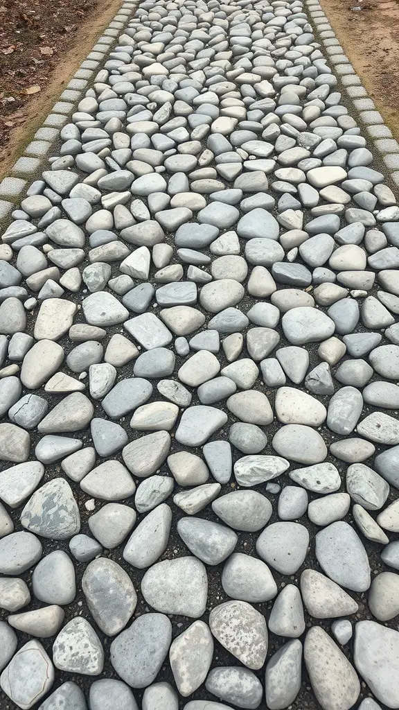 A rustic pebble pathway made from gray stones, arranged with varying sizes and shapes.