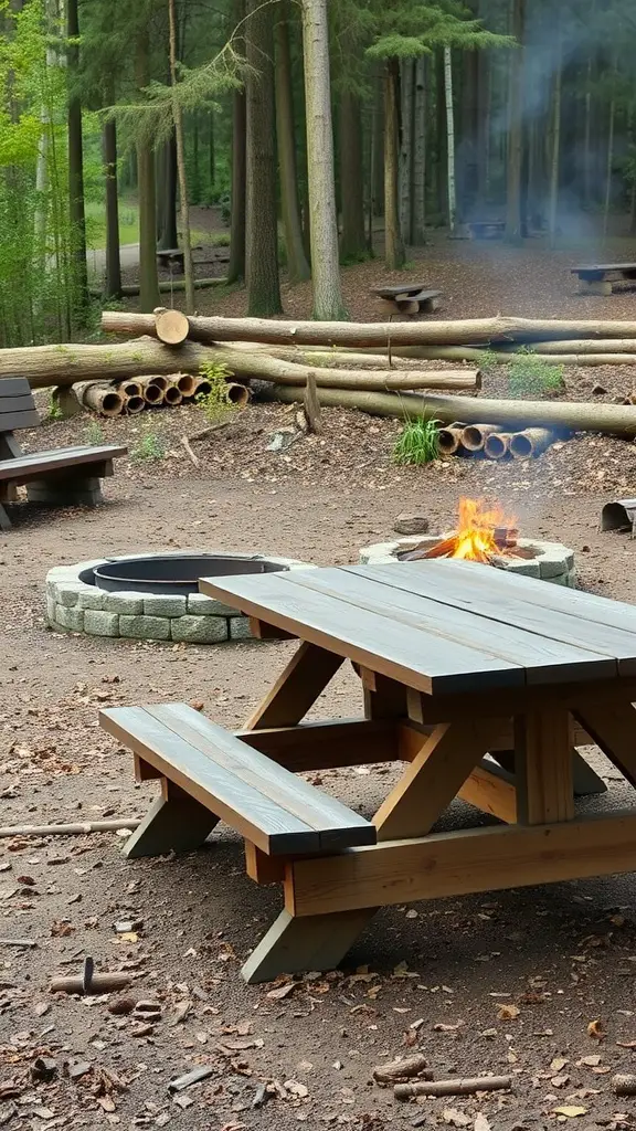 A rustic picnic table near a fire pit in a woodland setting.