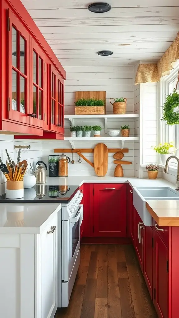 A kitchen with rustic red and weathered white cabinets, featuring glass doors and open shelving.