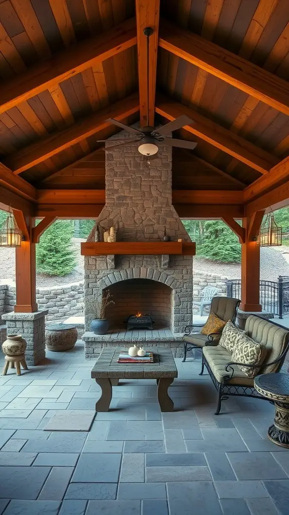 Cozy covered patio with a stone fireplace and wooden beams.