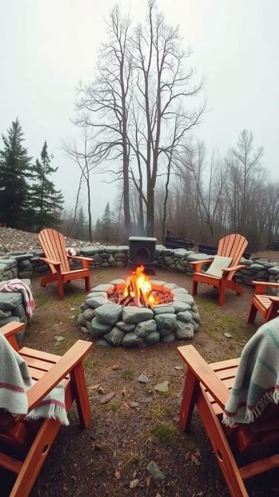 A rustic stone circle fire pit surrounded by wooden chairs, with a warm fire glowing in the center.