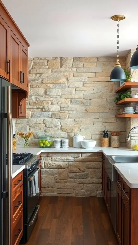 27 Cozy Kitchen Ideas to Warm Up Your Space 22 A cozy kitchen featuring a rustic stone wall, wooden cabinets, and open shelving.