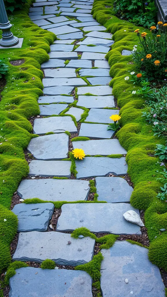 A rustic stone pathway bordered by moss and flowers, creating a natural and inviting garden walkway.