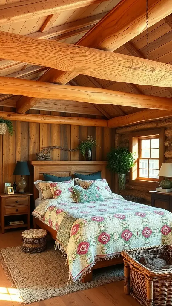 13 Summer Bedroom Aesthetic Ideas to Refresh Your Space 15 A cozy rustic bedroom with wooden beams, a colorful patterned quilt, and natural decor.