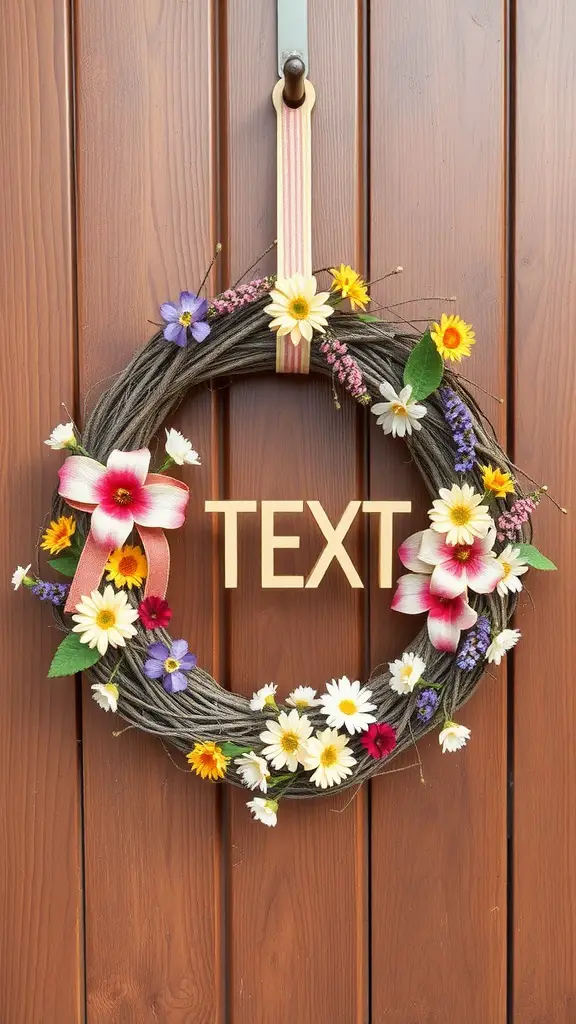 21 Creative Summer Door Hanger Ideas You’ll Love 17 Rustic summer wreath decorated with colorful flowers and a ribbon, hanging on a wooden door.