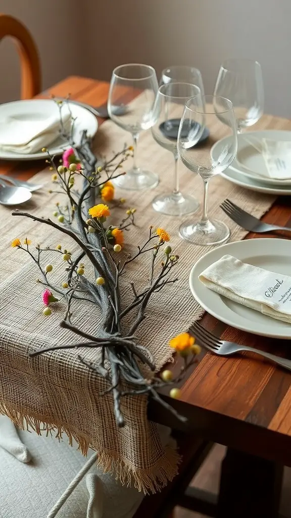 A rustic dining table set with a burlap table runner, twigs, and colorful flowers