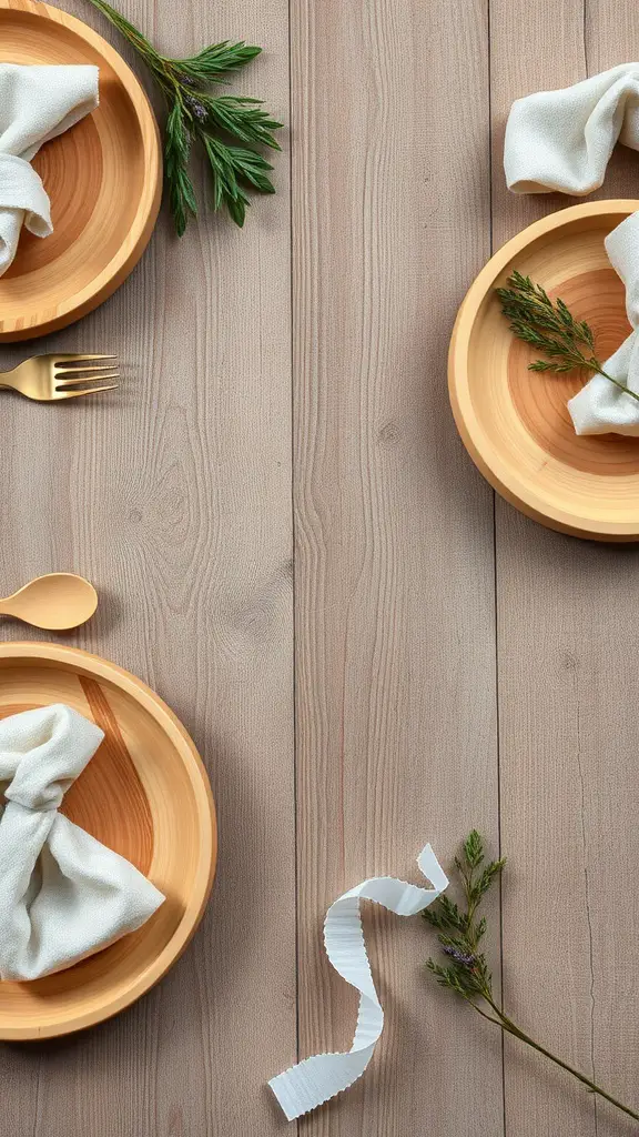 Rustic table setting with wooden plates, napkins, and greenery on a wooden surface.