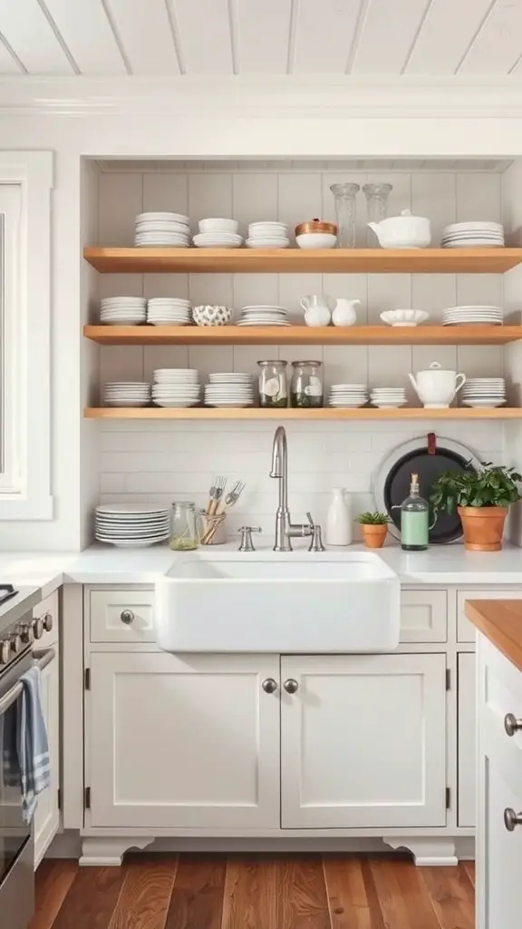 A rustic white kitchen featuring open shelving with dishware, a farmhouse sink, and natural wood elements