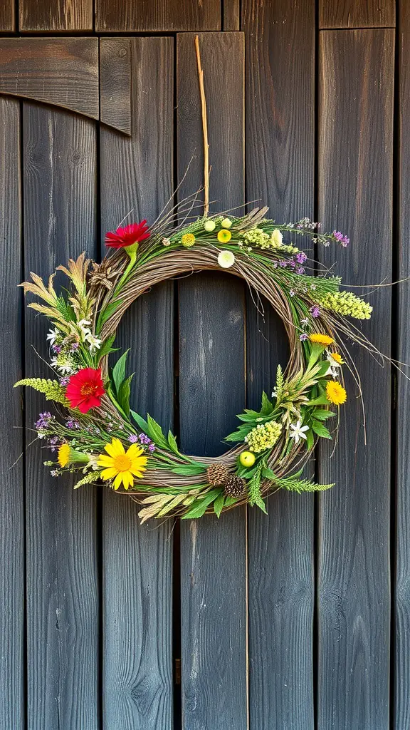 25 Creative Summer Wreath Ideas to Brighten Your Home 13 A rustic wildflower wreath hanging on a wooden wall, featuring bright flowers and greenery.