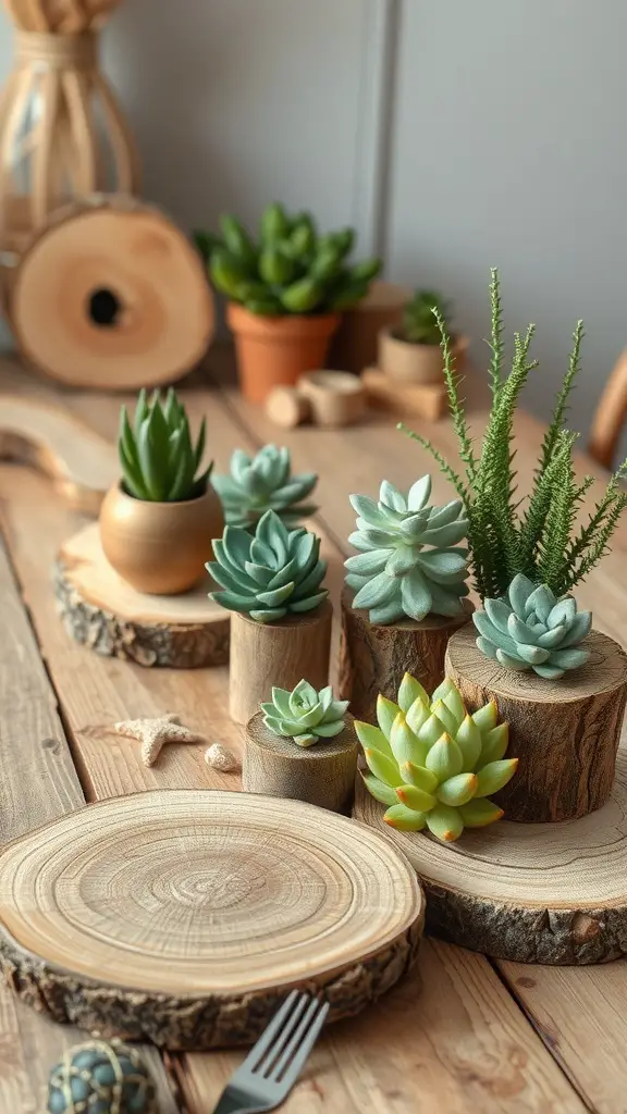 21 Stunning Summer Table Decoration Ideas You'll Love 5 A rustic table setting featuring wooden slices and various succulents.