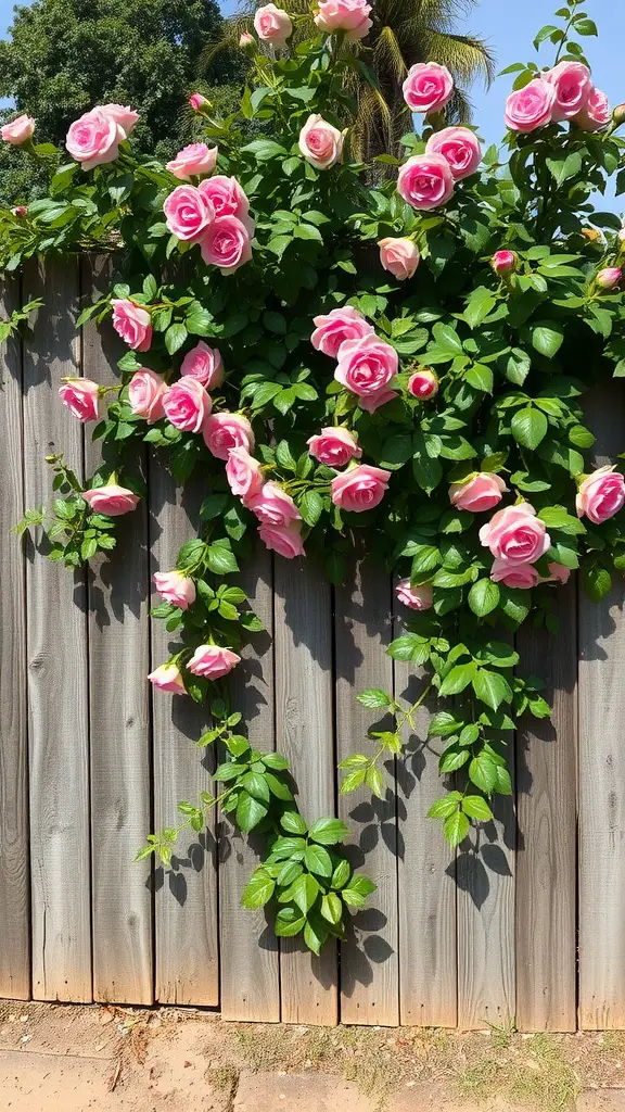 A wooden fence adorned with vibrant pink climbing roses