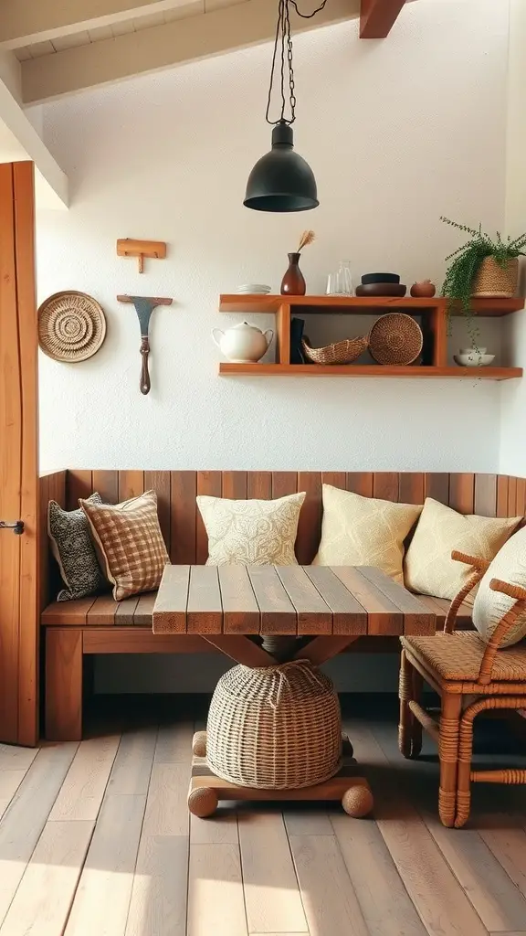 Cozy rustic wooden banquette with plush pillows and decorative wall items