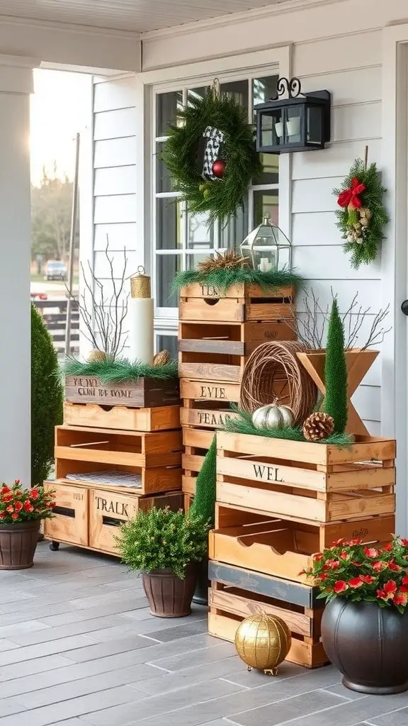 A front porch decorated with rustic wooden crates, greenery, flowers, and Easter decor.