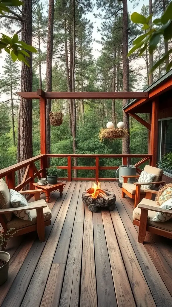 27 Inspiring Outdoor Deck Ideas You'll Love 7 A rustic wooden deck surrounded by tall trees, featuring comfortable chairs and a fire pit.