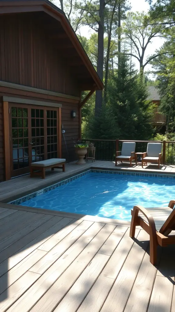 A rustic wooden deck surrounding a pool with lounge chairs and a view of trees.