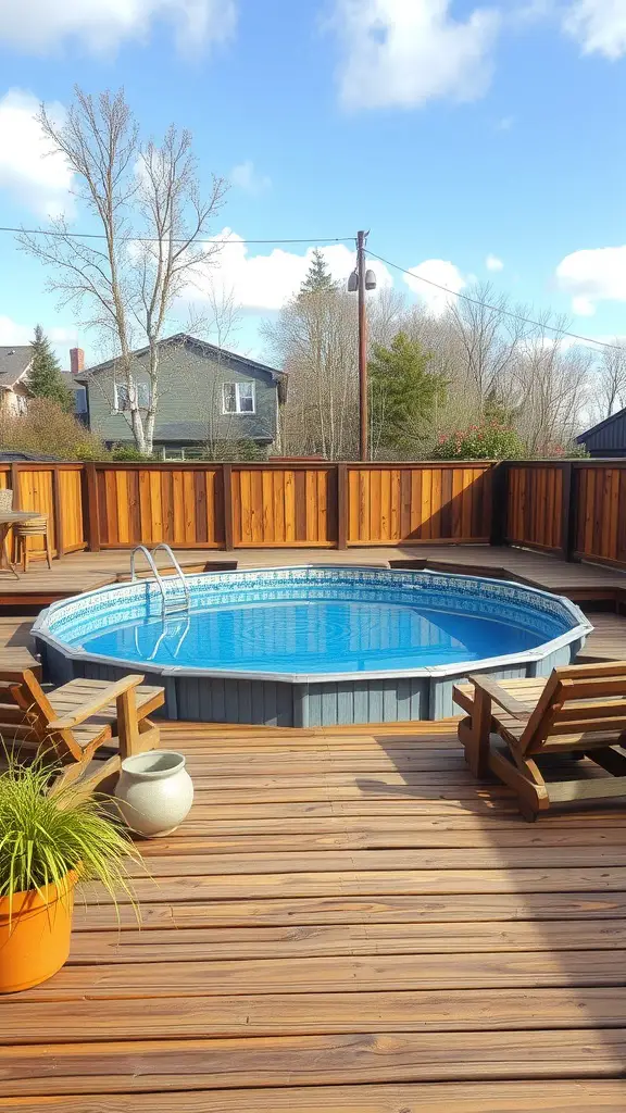 Rustic wooden deck surrounding an above-ground pool with integrated seating and potted plants