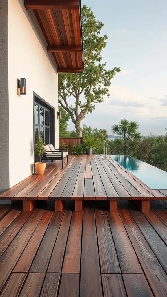 A rustic wooden decking surrounding a pool, featuring natural wooden planks, potted plants, and outdoor furniture.