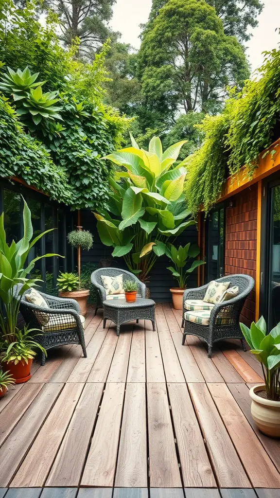 15 Creative Garden Decking Ideas for Your Outdoor Space 4 A cozy outdoor decking area with rustic wooden flooring, surrounded by lush greenery and comfortable seating.