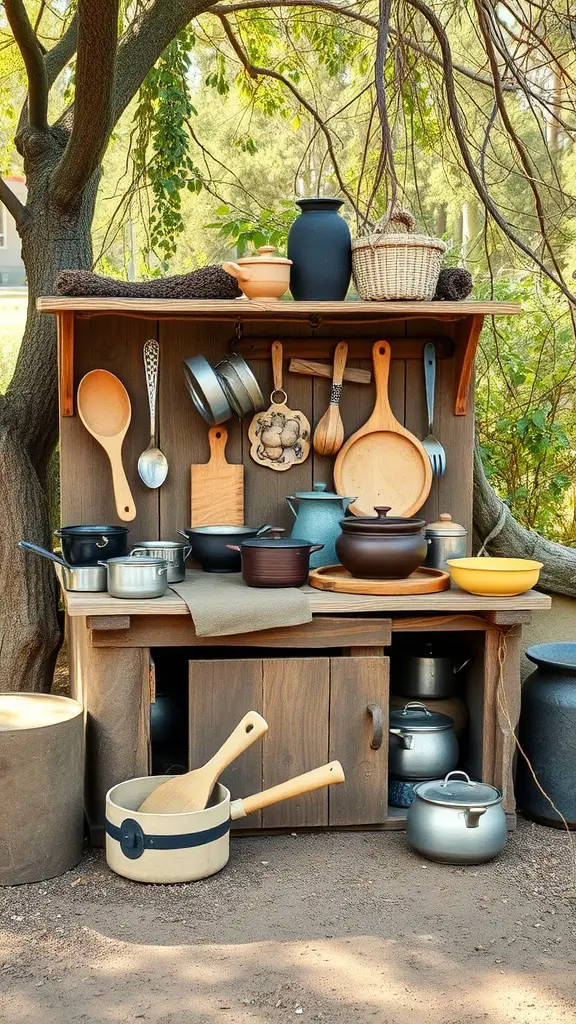 25 Creative Mud Kitchen Ideas for Kids to Inspire Imaginative Play 6 A rustic wooden mud kitchen with pots and pans arranged on shelves, surrounded by trees.