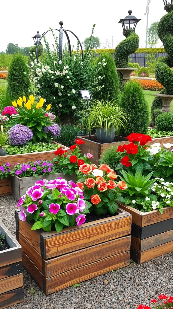 23 Stunning Planter Box Flower Combinations for Your Garden 8 Image of rustic wooden planter boxes filled with colorful flowers in a garden
